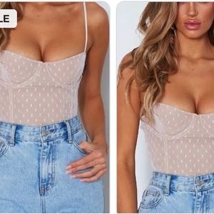 New with tags, White Fox Boutique tan bodysuit with white polka dot accents